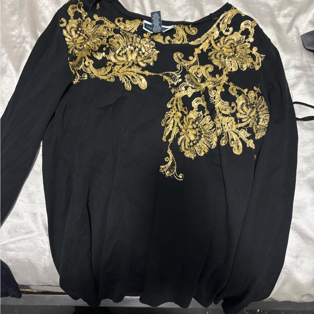 🖤2/$10🖤Black  Long-Sleeve Top with Gold Baroque Embroidery